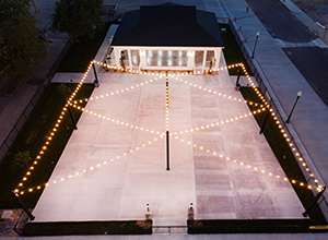 Drone view of the Pavilion at night